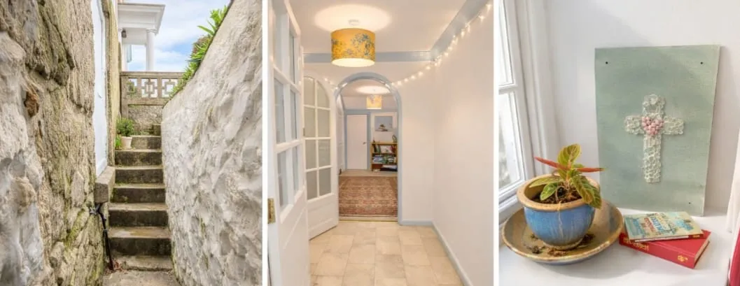 Narrow stone steps leading down to the garden flat